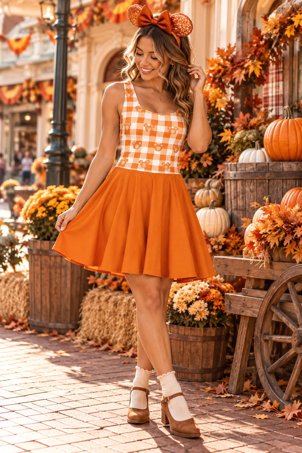 Mickey Pumpkins Fall Dress Womens Halloween Orange gingham Athleticwear