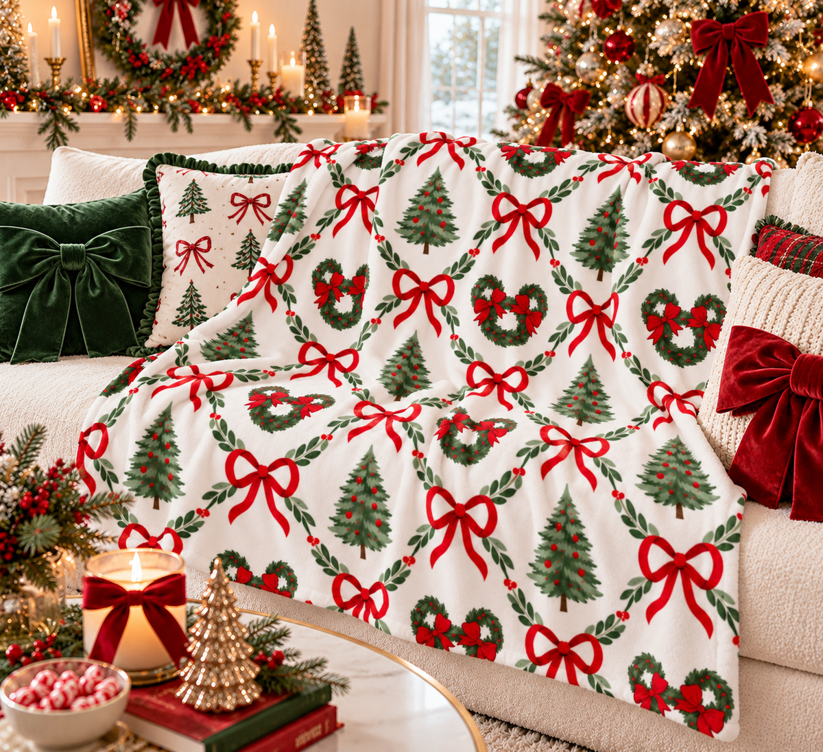 Holiday Wreath Throw Blanket Red Bow Coquette Minnie Christmas Pattern