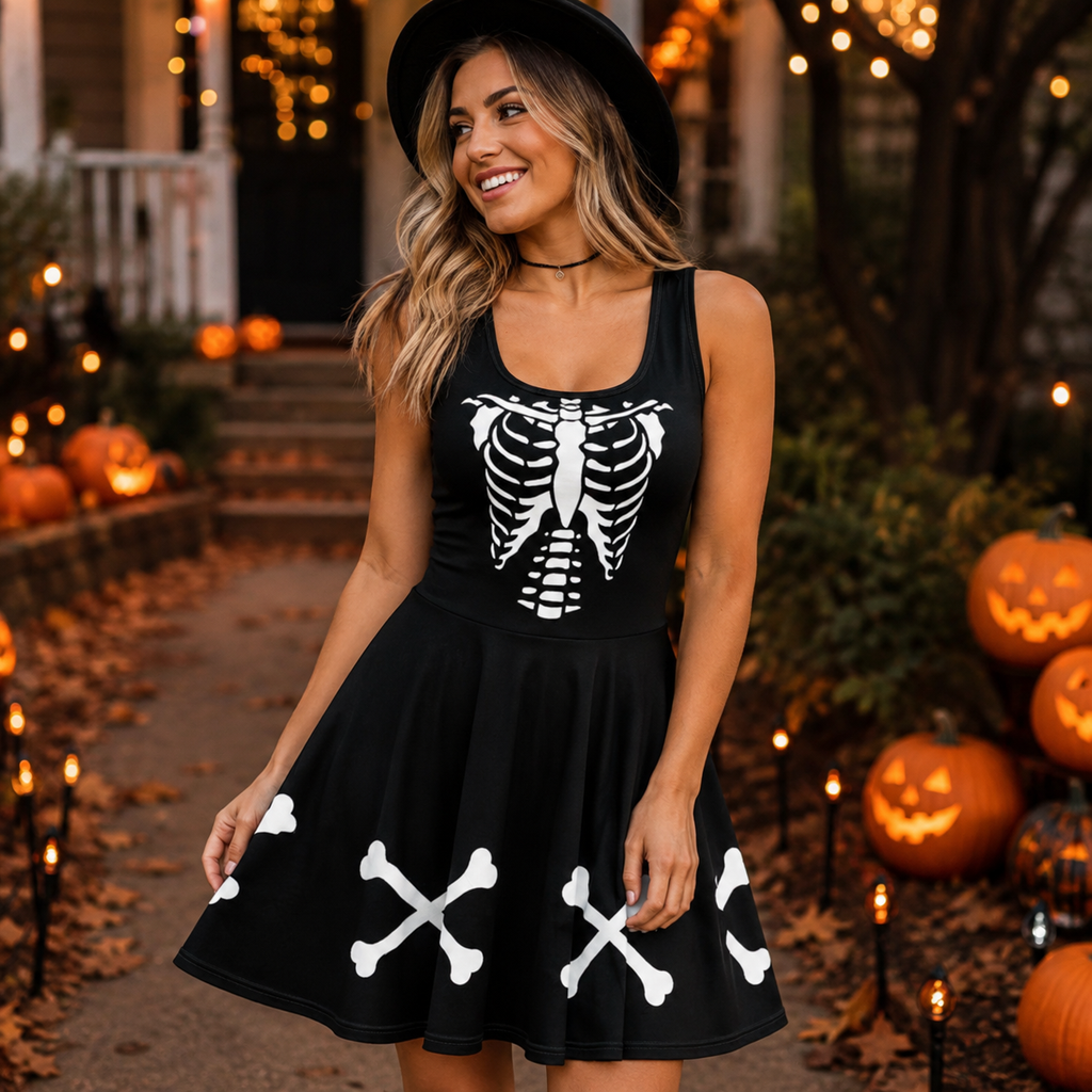 Skeleton Dress Womens Halloween Black and White Bones Costume