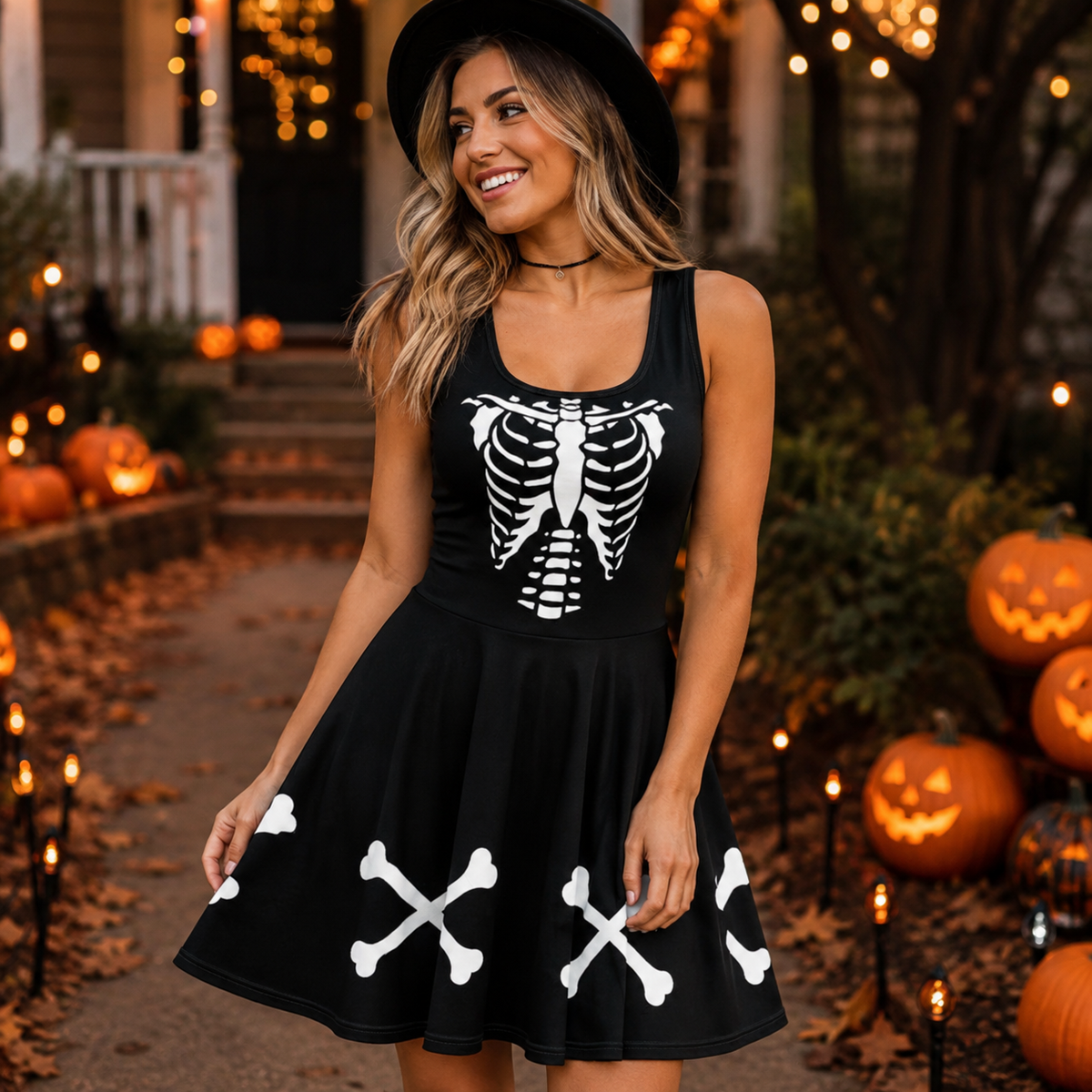 Skeleton Dress Womens Halloween Black and White Bones Costume
