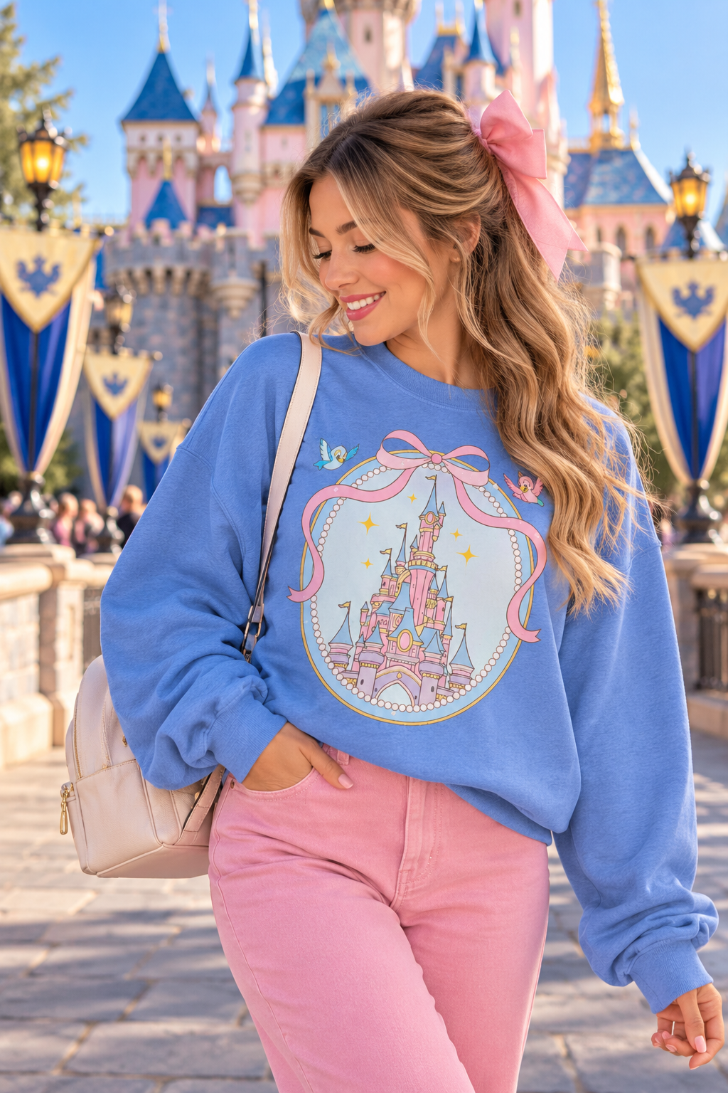 Cinderella Castle Womens Sweater Bow Coquette Princess Sweatshirt Pink, Blue, White