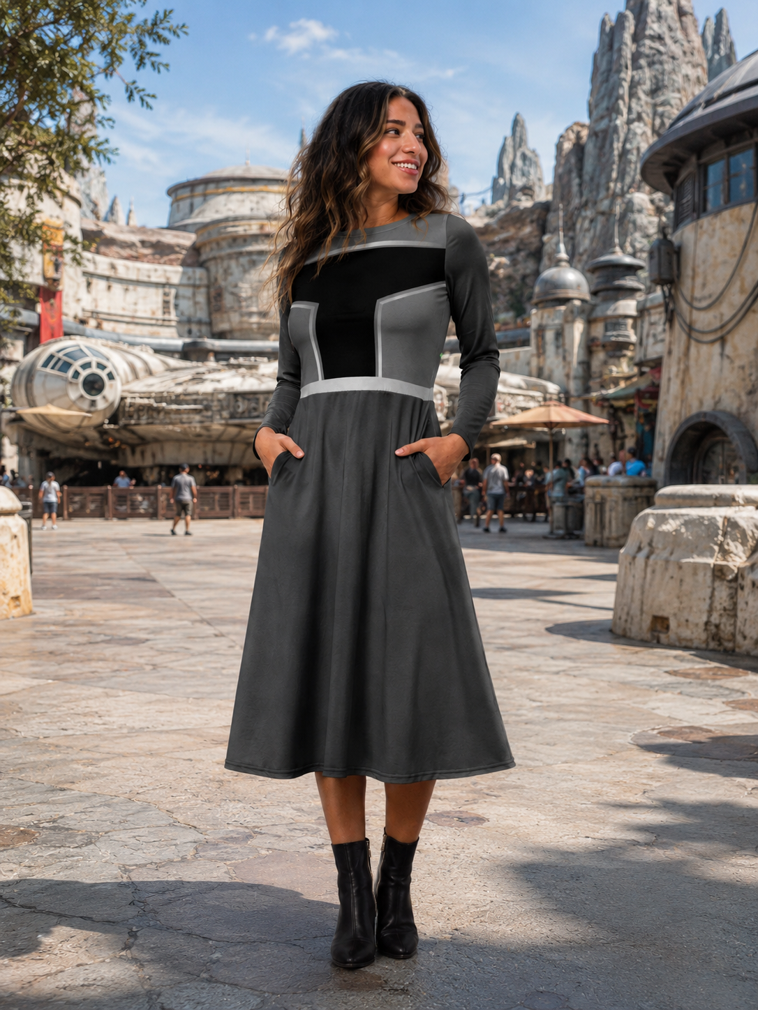 Mandolorian inspired Disney dress Womens Long Sleeve Star Wars Midi Dress with Pockets