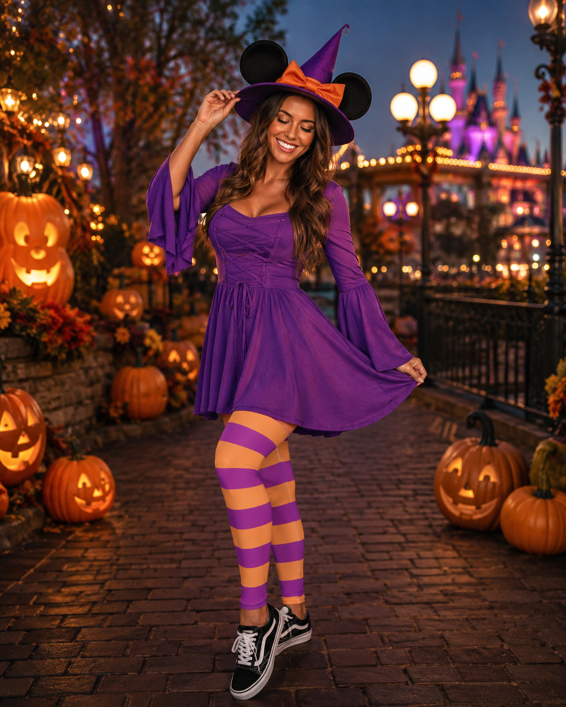 Halloween Womens Leggings Purple and Orange stripped Minnie Witch Disney inspired run Disney athelticwear
