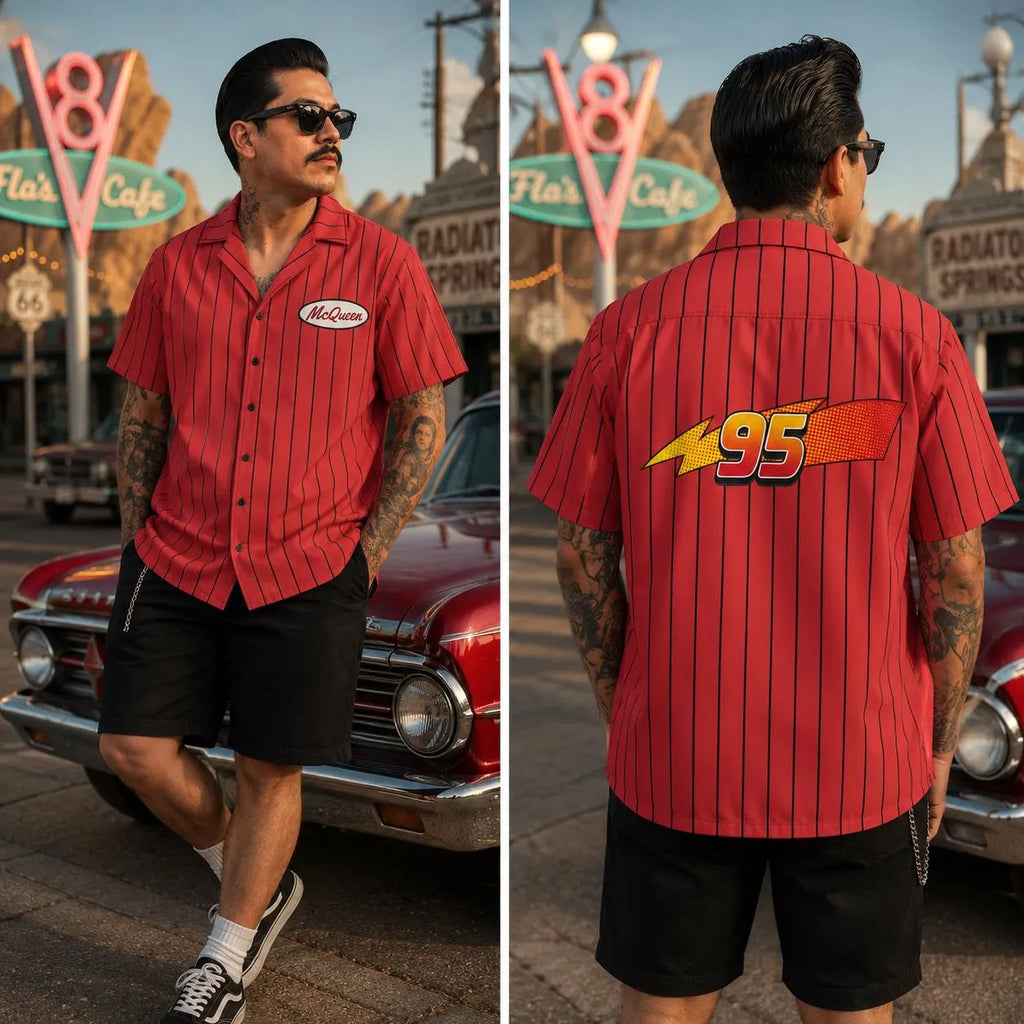 McQueen Cars Mens Button Shirt Mechanic red stripes